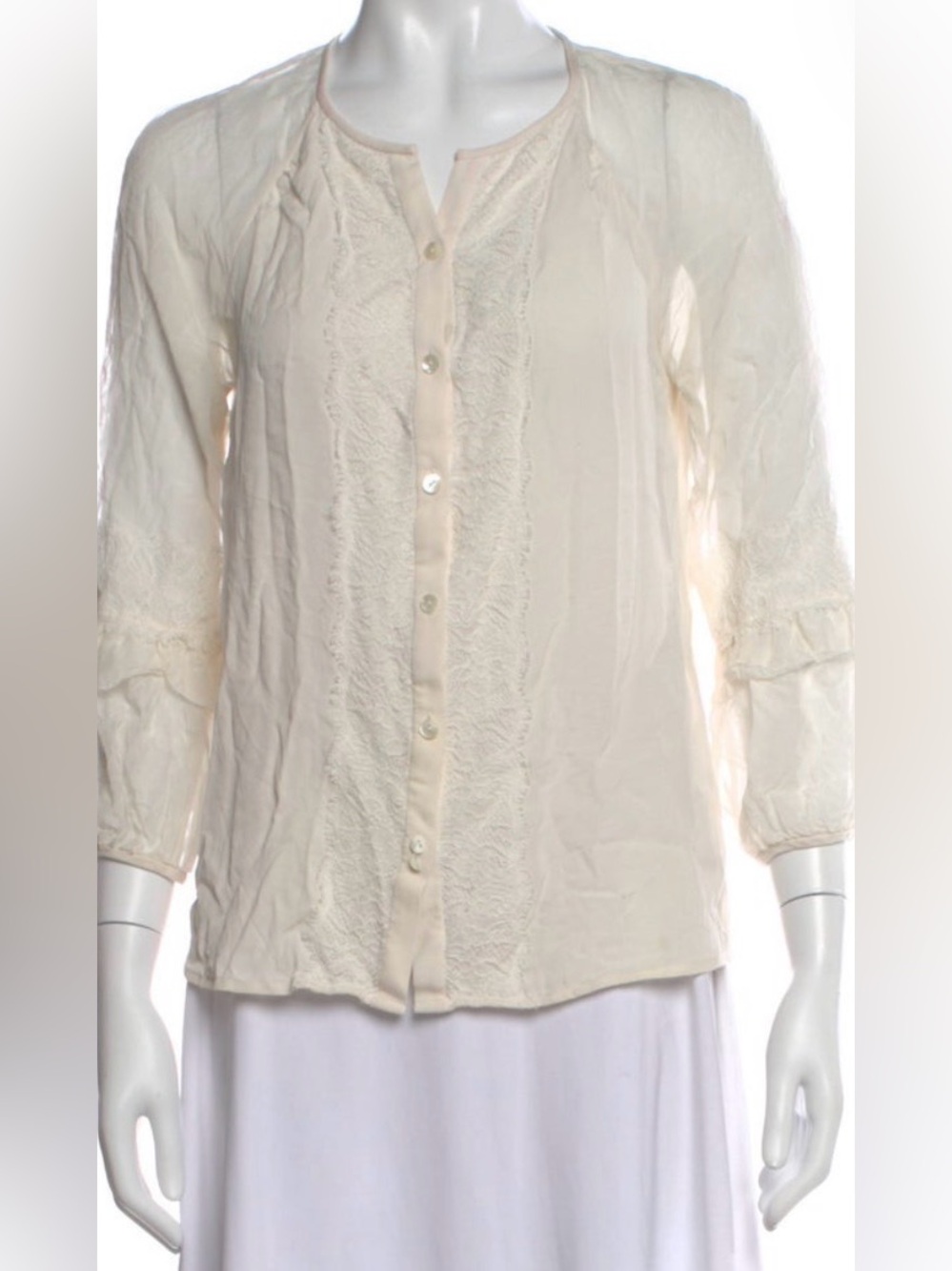 Diane Von Furstenberg Cream Lace-Trim Button Down Blouse
